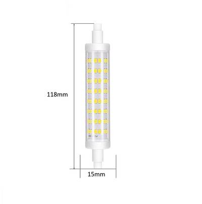 Primer plano de una lámpara LED con carcasa transparente que deja ver los diodos amarillos; dimensiones 118 mm x 15 mm. Perfecta para soluciones de iluminación eficientes y modernas.