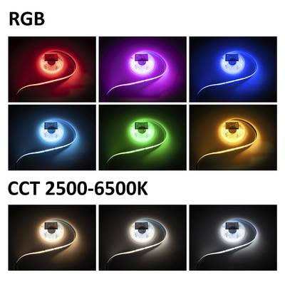 Tiras de luces LED RGB y CCT en rojo, morado, azul, blanco, verde, amarillo; presentan una temperatura blanca de 2500K a 6500K para una iluminación versátil.