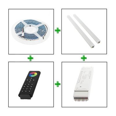 Kit de tiras de luces LED, que incluye un rollo de luces, dos conectores, mando a distancia y fuente de alimentación para soluciones de iluminación versátiles.