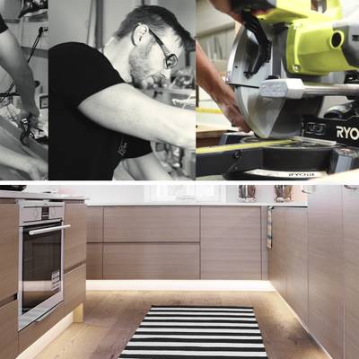 Iluminación de cocina moderna con luces LED, lámparas de techo brillantes, armarios de madera iluminados y zona de trabajo.