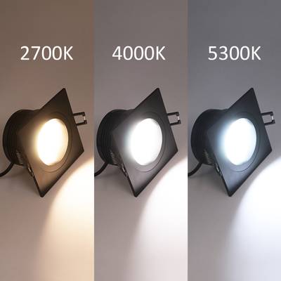 Tres luces LED cuadradas con diferentes temperaturas de color: 2700K (cálida), 4000K (neutra) y 5300K (fría).