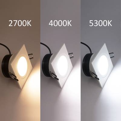 Tres luces LED en luminarias cuadradas con temperaturas de color de 2700K cálido, 4000K neutro y 5300K frío que ofrecen opciones de iluminación versátiles.
