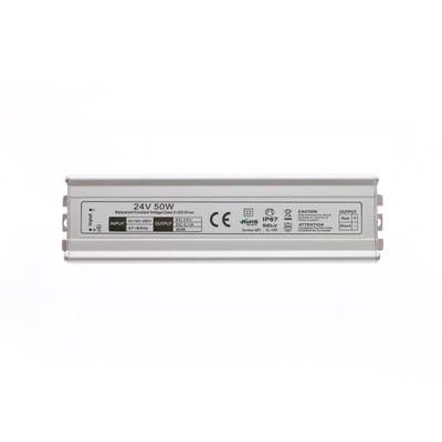 Controlador LED, 24V 50W, rectangular; panel frontal con etiquetas de certificación y especificaciones, ideal para soluciones de iluminación LED eficientes y fiables.