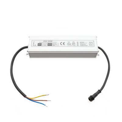 Fuente de alimentación LED rectangular con cables de doble extremo y especificaciones visibles en la etiqueta, ideal para soluciones de iluminación eficientes.