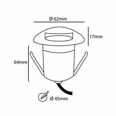 Esquema de una luminaria LED cilíndrica con un diámetro de 62 mm, una altura de 64 mm, un grosor superior de 17 mm y un diámetro inferior de 45 mm para un punto de venta de iluminación.