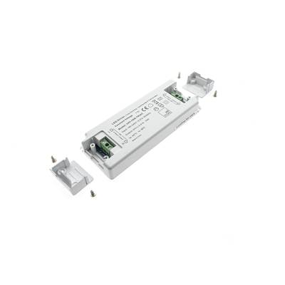 Unidad de control LED con conectores de cableado, tapones roscados y tornillos de fijación para la instalación de iluminación.
