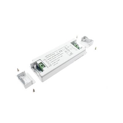 Controlador LED con conectores verdes, pequeños accesorios de montaje y dos tapas finales. Ideal para soluciones de iluminación eficientes y de fácil instalación.