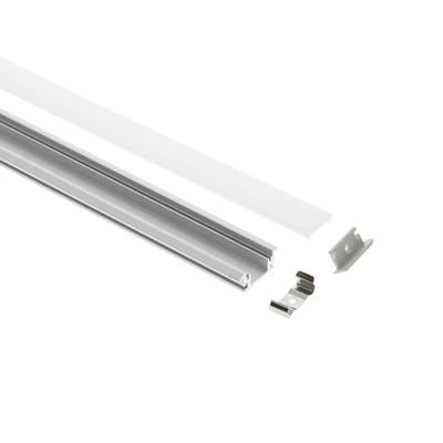 Kit de canalización LED de aluminio con cubierta translúcida y clips de montaje, desacoplado con fondo blanco para soluciones de iluminación.