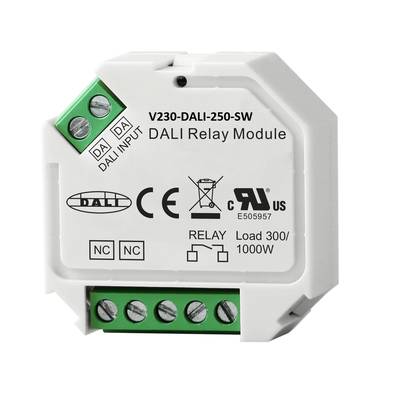 Primer plano de un módulo de relé DALI con conectores verdes y detalles de etiqueta en una elegante carcasa blanca, ideal para un control eficiente de la iluminación LED.