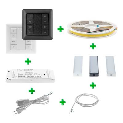 Kit de iluminación LED con interruptores blanco/negro, tira de LED, pantallas luminosas, fuente de alimentación, cables de conexión en signo más.