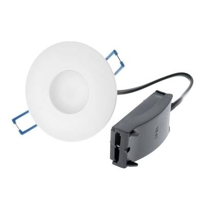 Plafón LED empotrable redondo, embellecedor blanco, conector negro, clips azules sobre fondo blanco