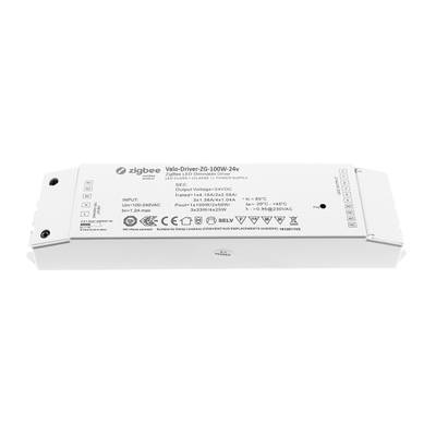 Imagen de Zigbee Light-Driver-ZG-100W-24V blanco rectangular con detalles técnicos, logotipos y símbolos de certificación, ideal para soluciones de iluminación LED.