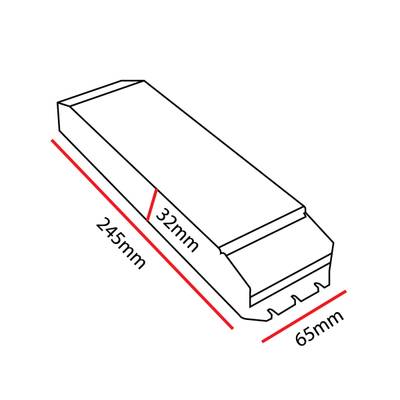 Dibujo lineal de una luminaria LED rectangular de 245 mm x 65 mm x 32 mm con un detalle escalonado en un extremo para realzar el diseño.
