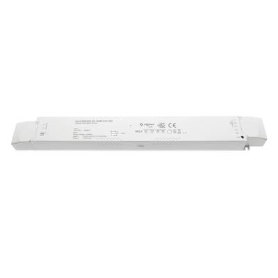 Controlador LED rectangular blanco con información técnica e iconos de seguridad, ideal para una alimentación eficiente y segura de las luces LED en diferentes entornos.