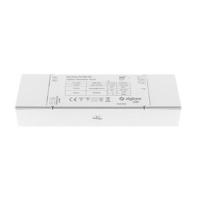 Texto alternativo: "Controlador Zigbee blanco rectangular regulable con información detallada y símbolos para sistemas de iluminación LED en la superficie frontal.