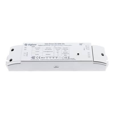 Controlador Zigbee LED rectangular con entradas y salidas marcadas, detalles del modelo y especificaciones para soluciones de iluminación inteligentes.