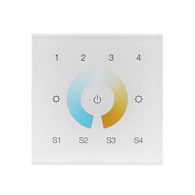 Panel de control de iluminación LED con pantalla táctil, regulador de intensidad, botón de encendido, iconos solares, zonas S1-S4.