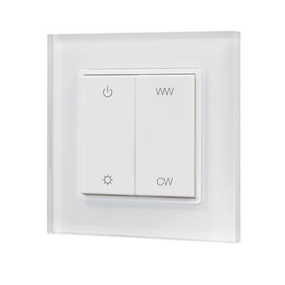 Panel de interruptores de luz LED blanca con botones: encendido, blanco cálido, blanco frío y símbolo de control de brillo para una iluminación personalizable.