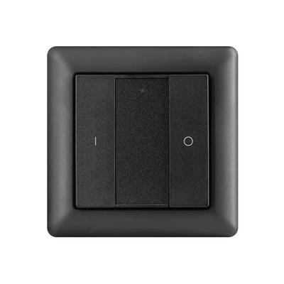Interruptor de luz cuadrado negro con dos botones basculantes, uno marcado con una línea y el otro con un círculo, para un control moderno de la iluminación LED.