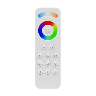"Mando a distancia blanco con rueda de colores arco iris, botones de encendido y brillo, seis botones de preselección S1-S6 y tres botones numerados.