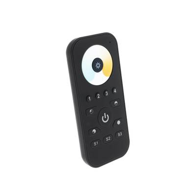 "Mando a distancia negro con botones numerados 1-4, S1-S3 y un símbolo de encendido debajo del panel táctil circular para la configuración de la luz LED.