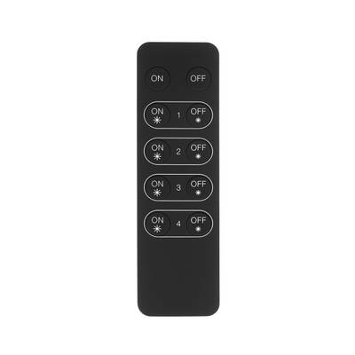 "Un mando a distancia negro con cuatro botones de encendido/apagado, numerados del 1 al 4, aparece sobre un fondo blanco en los sistemas de iluminación LED.
