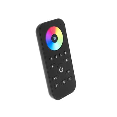 "Mando a distancia de iluminación LED negro con rueda de colores redonda, botón de encendido y controles de brillo para ajustar fácilmente la luz.