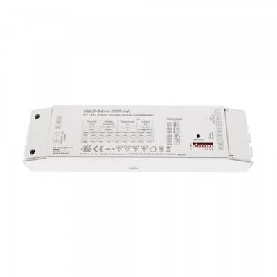 "Controlador RF-LED rectangular con datos técnicos etiquetados, datos de entrada/salida y múltiples puertos de interfaz para una iluminación LED eficiente.