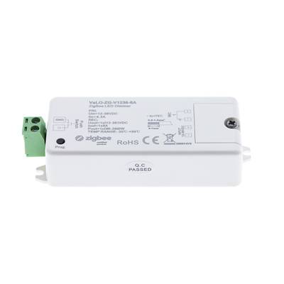 Blanco LED dimmer "YAlo-2G-V1236-8A" con Zigbee; muestra los conectores de cableado y especificaciones para el control optimizado de la iluminación.
