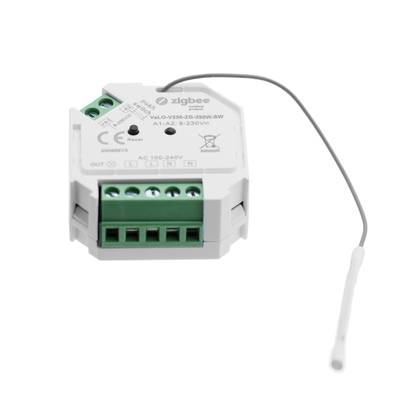 Interruptor inteligente Zigbee blanco, conectores verdes, pegatina de datos técnicos, cable de antena blanco en el lateral para el control de la iluminación LED.