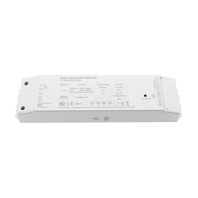 Texto alternativo: 'Controlador LED RF regulable rectangular blanco con especificaciones y símbolos impresos en la superficie para un control eficiente de la iluminación.