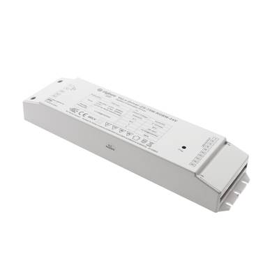 Controlador LED rectangular con información técnica impresa y símbolos de seguridad, ideal para sistemas de iluminación electrónicos. Componente energéticamente eficiente para instalaciones LED.