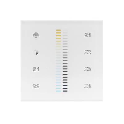 El panel táctil digital blanco cuenta con un botón de encendido, sensores S1 y S2 y detectores de zona Z1-Z4 con barras de colores degradados para el control de la iluminación LED.