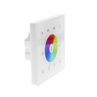 Panel táctil rectangular blanco para iluminación LED RGB con rueda de color circular y botones de encendido, configuración y navegación.
