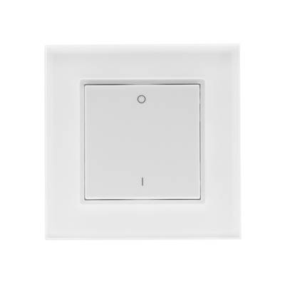 Interruptor de luz blanco minimalista para pared blanca con diseño de iluminación LED, que presenta un pequeño círculo superior y una línea inferior para una funcionalidad elegante.