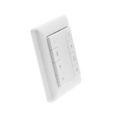 Interruptor inteligente, diseño cuadrado blanco con botones sol, gota de lluvia, S1 y S2; ideal para controlar la iluminación LED; fondo blanco minimalista.