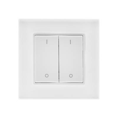 Interruptor luminoso doble con dos botones rectangulares blancos sobre fondo blanco, adecuado para instalaciones de iluminación LED.
