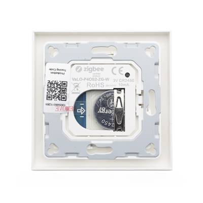 Vista superior de un dispositivo doméstico inteligente con logotipo Zigbee, compartimento de pilas y código QR en una carcasa blanca cuadrada.