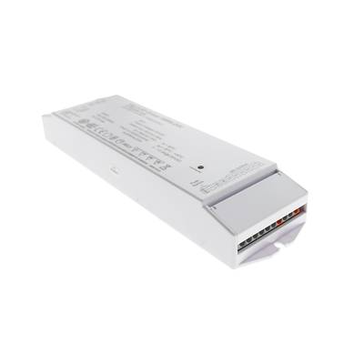 Controlador LED blanco rectangular con información impresa en la superficie que muestra las conexiones eléctricas en el extremo, ideal para instalaciones de iluminación de bajo consumo.
