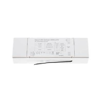 Controlador RF regulable LED 30W-24V, controlador VaLO-RF con información del producto y cable negro para un control eficiente de la iluminación.