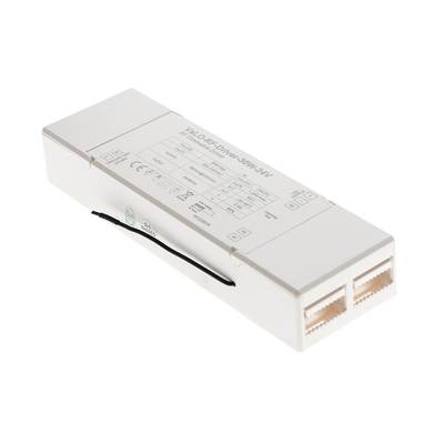 Fuente de alimentación rectangular blanca con conectores, etiquetas y especificaciones para sistemas de iluminación LED.