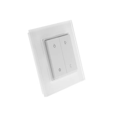"Minimalista interruptor de luz inteligente de pared blanco con cuatro botones para mostrar la potencia, el brillo y las teclas de flecha para controlar la iluminación LED.