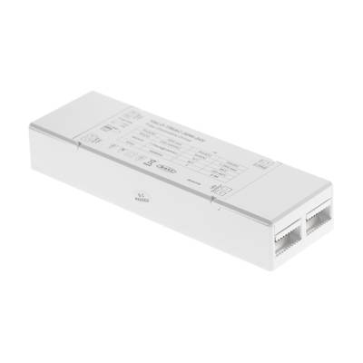 Transformador de iluminación LED con instrucciones etiquetadas y dos aberturas, presentado sobre un fondo liso para mayor claridad y enfoque.