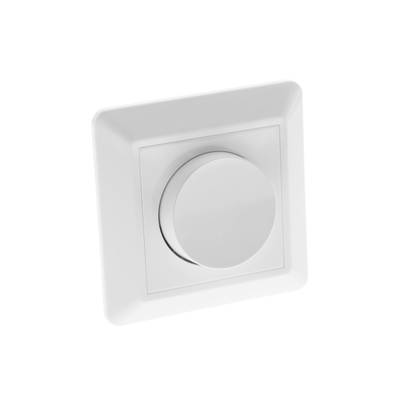Regulador de intensidad para iluminación LED; blanco, esfera redonda cuadrada, montado en la pared con fondo blanco. Ideal para el control de la iluminación del hogar moderno.