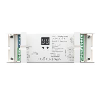Controlador DALI DT8 con pantalla digital y puerto en carcasa blanca con especificaciones para sistemas de iluminación LED.