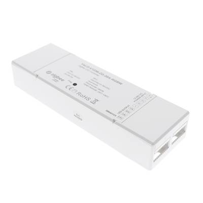 Primer plano de un controlador LED blanco con múltiples puertos y especificaciones impresas para soluciones de iluminación energéticamente eficientes.