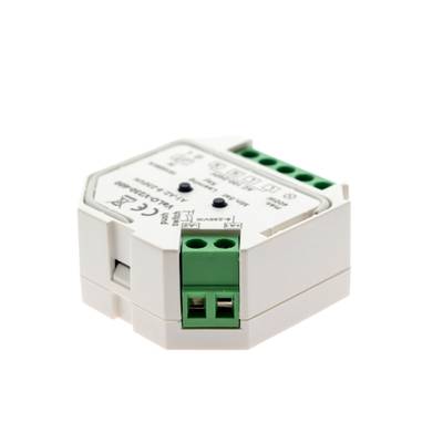 Módulo controlador LED blanco y verde con conectores, símbolos y etiquetas; diseño compacto para un control eficiente de la iluminación LED.