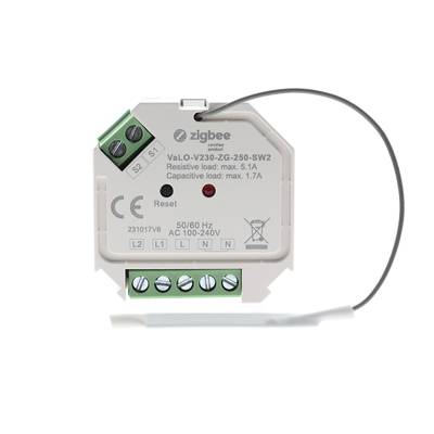 Dispositivo Zigbee blanco VaLo-V230-ZG-250-SW2 con conectores de cable, botón de reinicio y antena con fondo plano - Iluminación LED equipamiento de tiendas.
