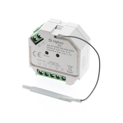 "Zigbee módulo de conmutación VaLV-230-ZG-250-SW2, blanco con botón de reinicio y conectores de cable, fondo blanco.