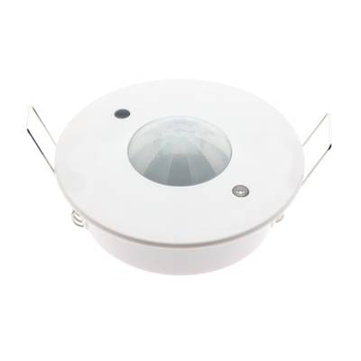Detector de movimiento de techo circular blanco con tornillo central y soportes metálicos; perfecto para instalaciones de iluminación LED.